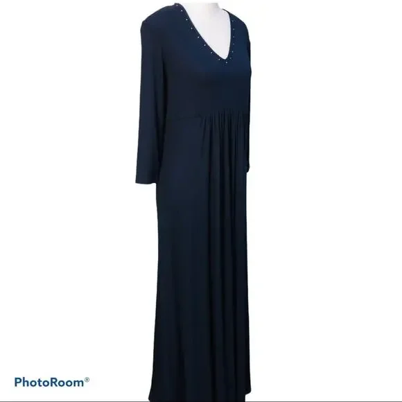 St. John Kelly Gray Grayse Navy Jersey Studded V Neck Maxi Dress S - Picture 2 of 8